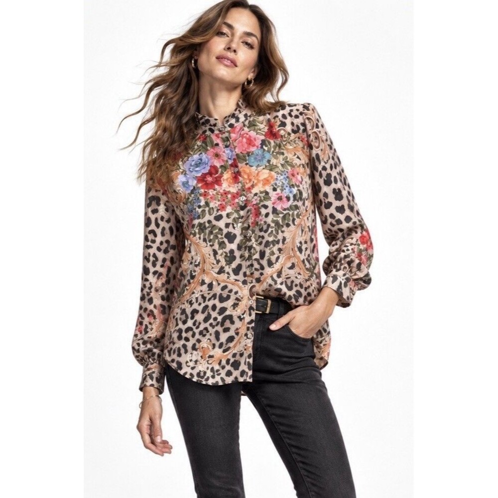 Johnny Was Cheetah Amabel 100% Silk Floral Leopard Statement Blouse XS